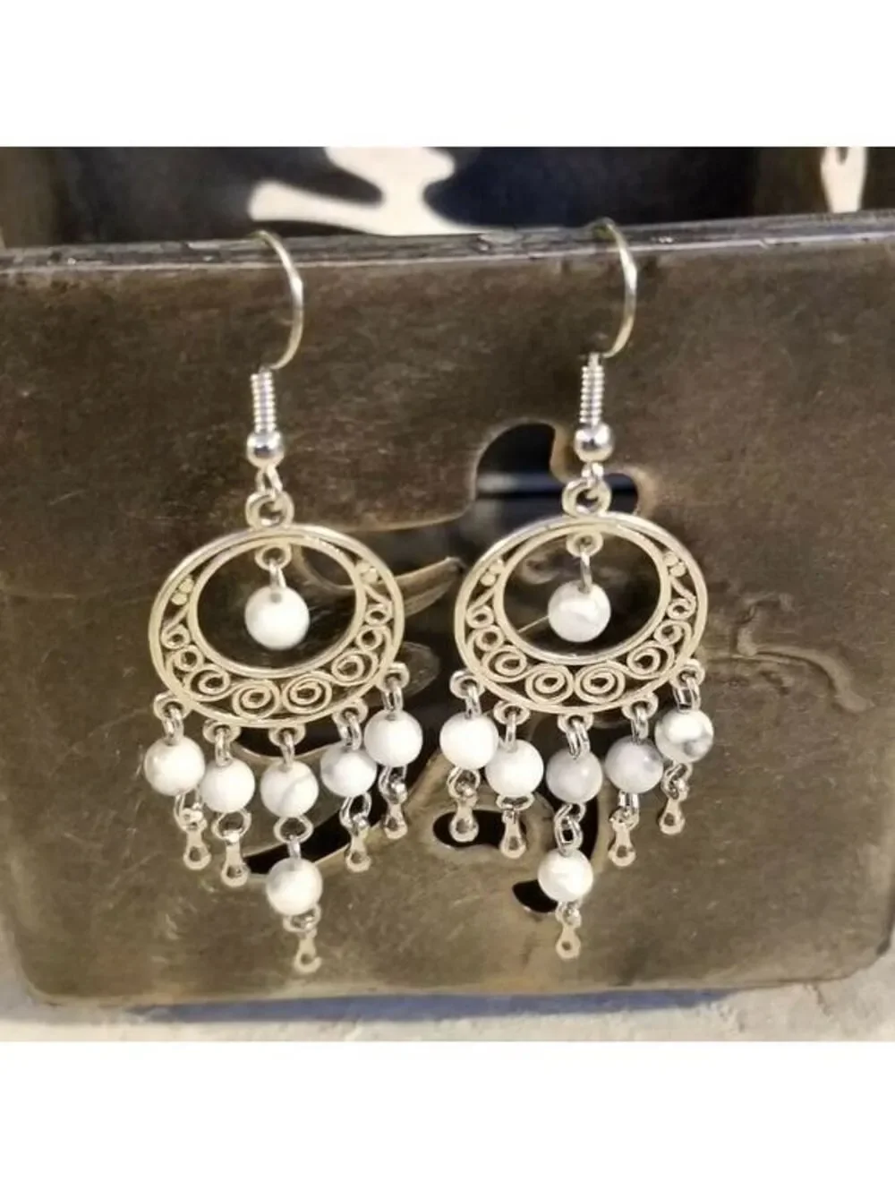 Hand Crafted Natural White Howlite Gemstone Antique Silver Chandelier Earrings